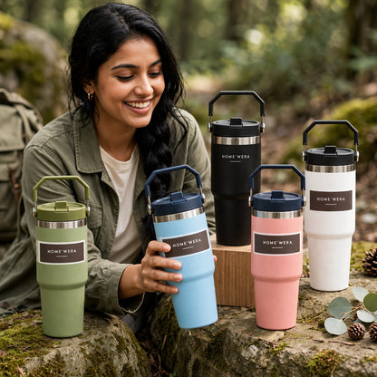 Stainless Steel Tumbler with Flip Straw & Vacuum Insulated, 900ml | Keeps Cold & Hot Leakproof