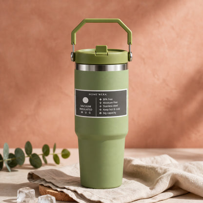 Stainless Steel Tumbler with Flip Straw & Vacuum Insulated, 900ml | Keeps Cold & Hot Leakproof
