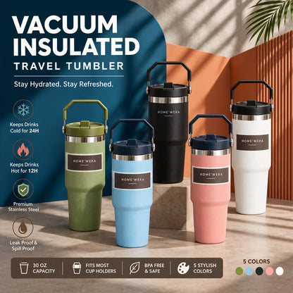Stainless Steel Tumbler with Flip Straw & Vacuum Insulated, 900ml | Keeps Cold & Hot Leakproof