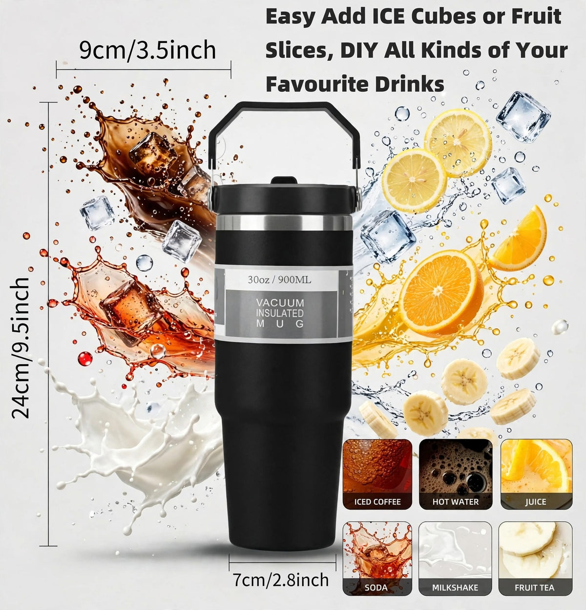 Stainless Steel Tumbler with Flip Straw & Vacuum Insulated, 900ml | Keeps Cold & Hot Leakproof