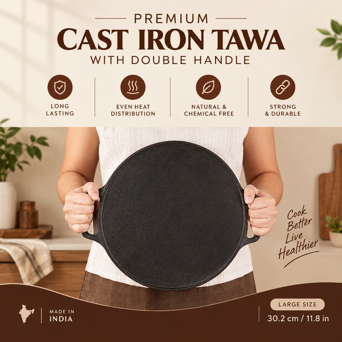 Cast Iron Dosa & Grill Tawa, 2-in-1, Pre-Seasoned, Naturally Nonstick, 100% Pure, Toxin-Free