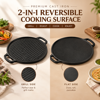 Cast Iron Dosa & Grill Tawa, 2-in-1, Pre-Seasoned, Naturally Nonstick, 100% Pure, Toxin-Free