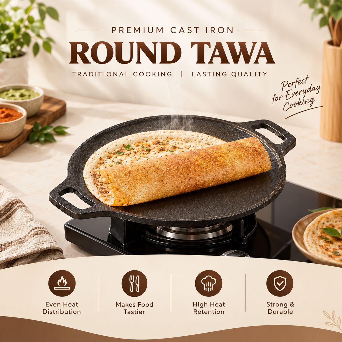Cast Iron Dosa & Grill Tawa, 2-in-1, Pre-Seasoned, Naturally Nonstick, 100% Pure, Toxin-Free