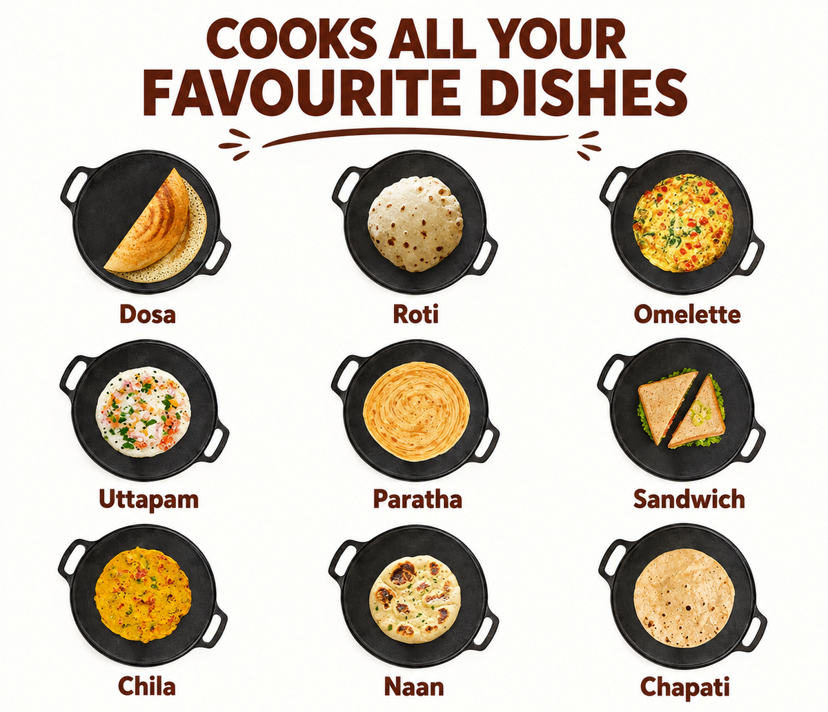 Cast Iron Dosa & Grill Tawa, 2-in-1, Pre-Seasoned, Naturally Nonstick, 100% Pure, Toxin-Free