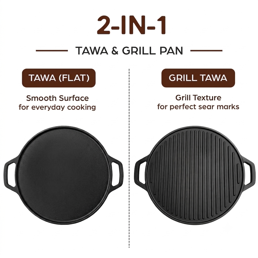 Cast Iron Dosa & Grill Tawa, 2-in-1, Pre-Seasoned, Naturally Nonstick, 100% Pure, Toxin-Free