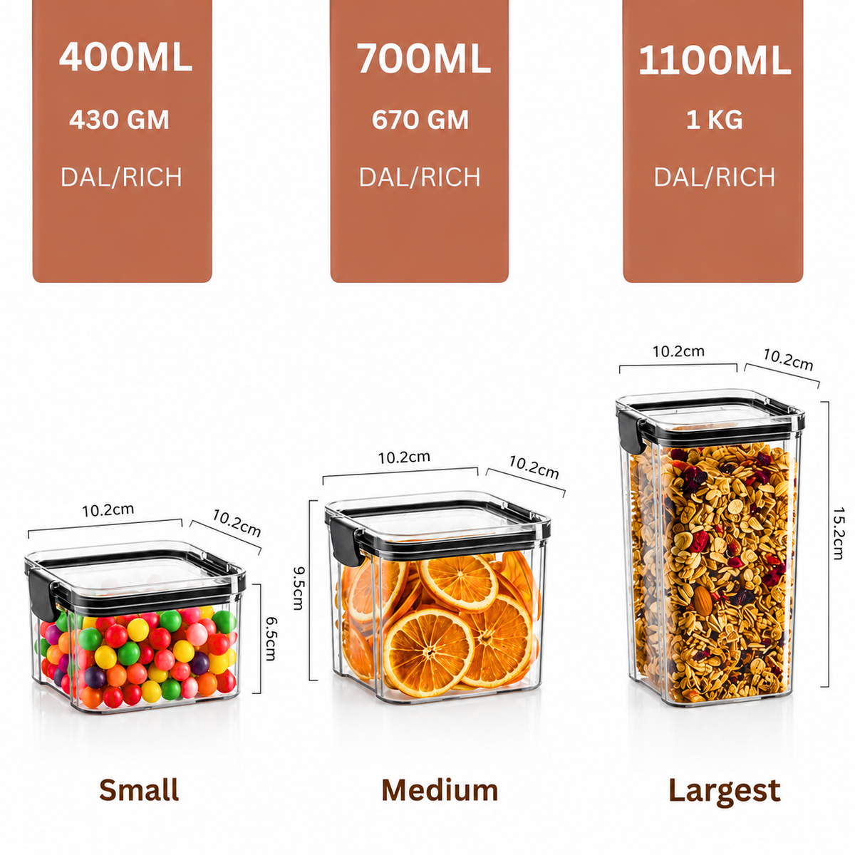 Three clear plastic storage jars with black lids are shown with labeled dimensions and capacity text above each size: 400ML (430 GM, DAL/RICH), 700ML (670 GM, DAL/RICH), and 1100ML (1 KG, DAL/RICH). Below, the jars are labeled Small, Medium, and Largest with width, height, and depth measurements.