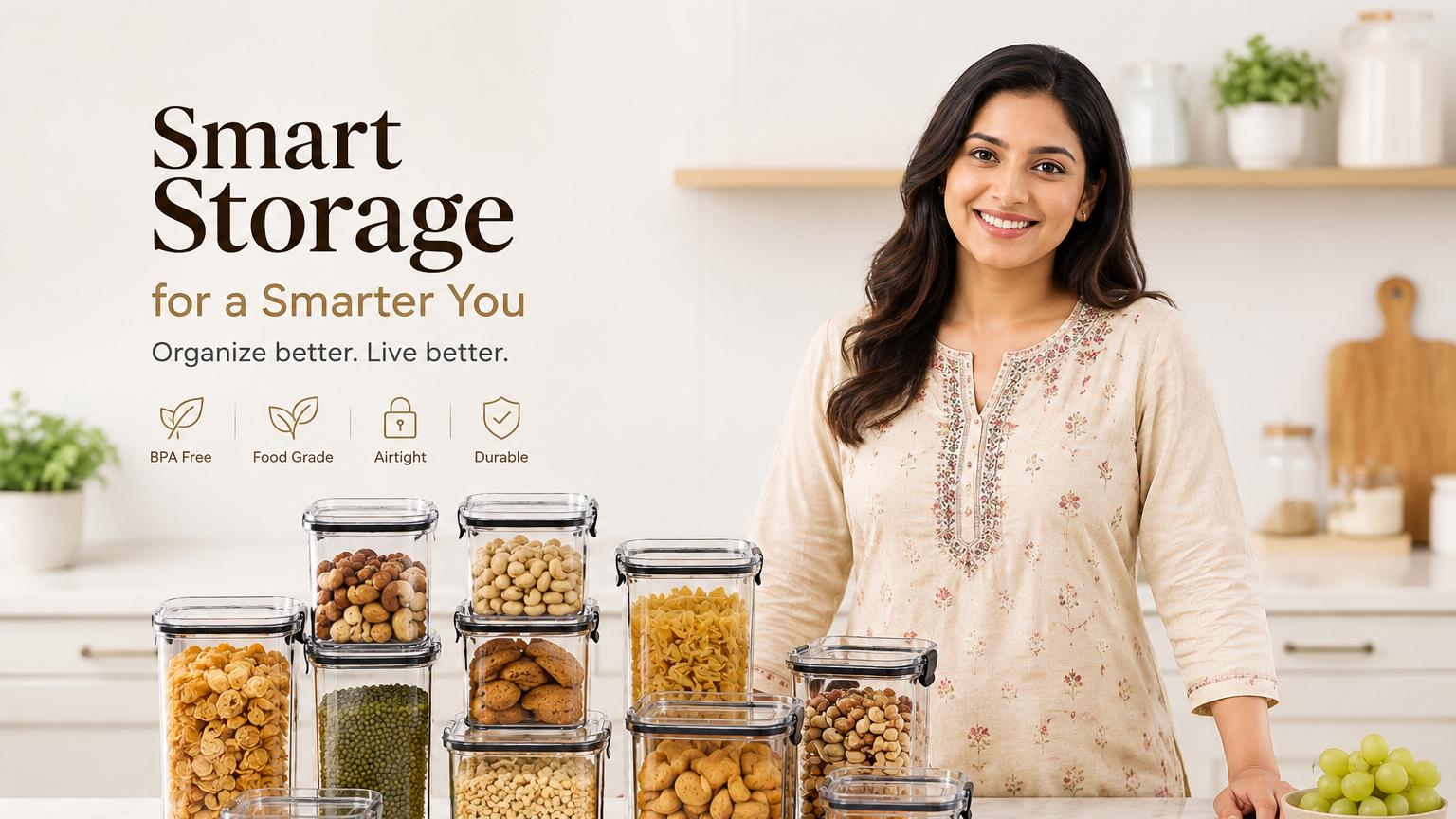 Woman standing behind a counter with glass storage jars filled with snacks, promoting smart storage solutions.