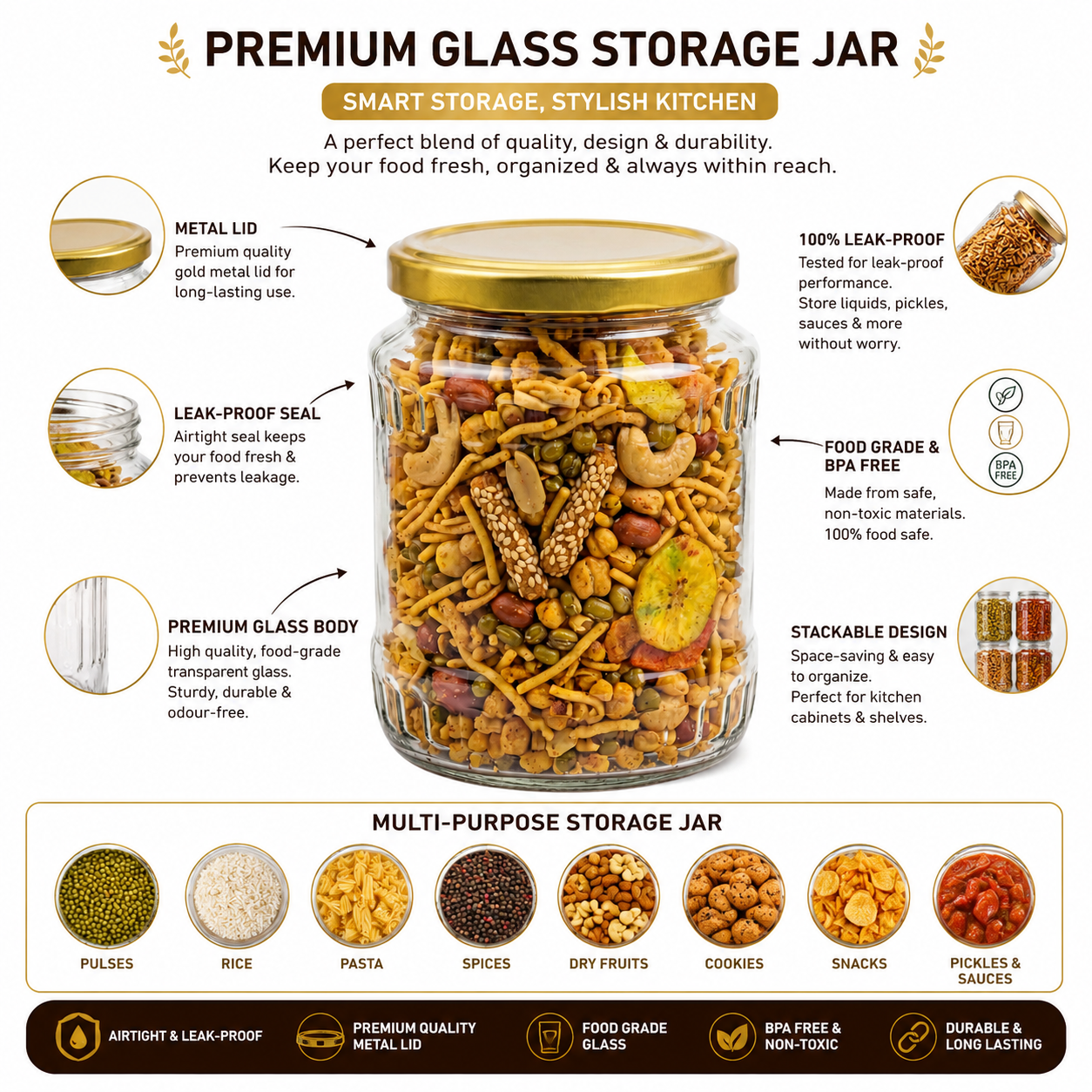 Home'Wera 750ml Clear Glass Jar with Airtight Metal Lid