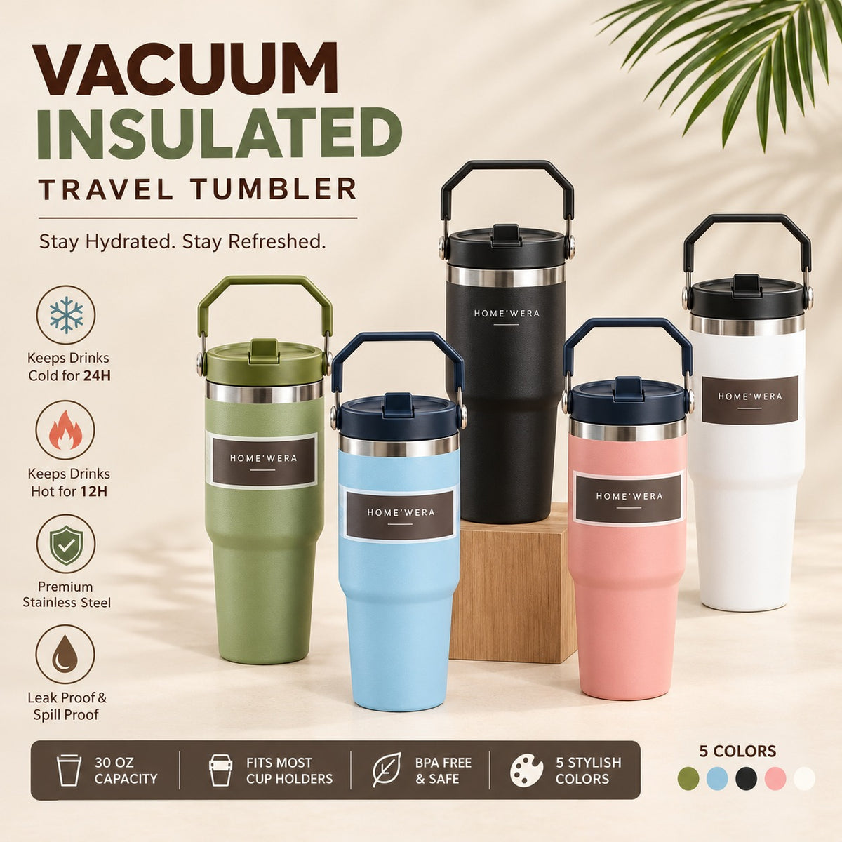 HOME'WERA vacuum insulated travel tumbler 900ml with flip straw and handle - keeps cold 24 hours, hot 12 hours