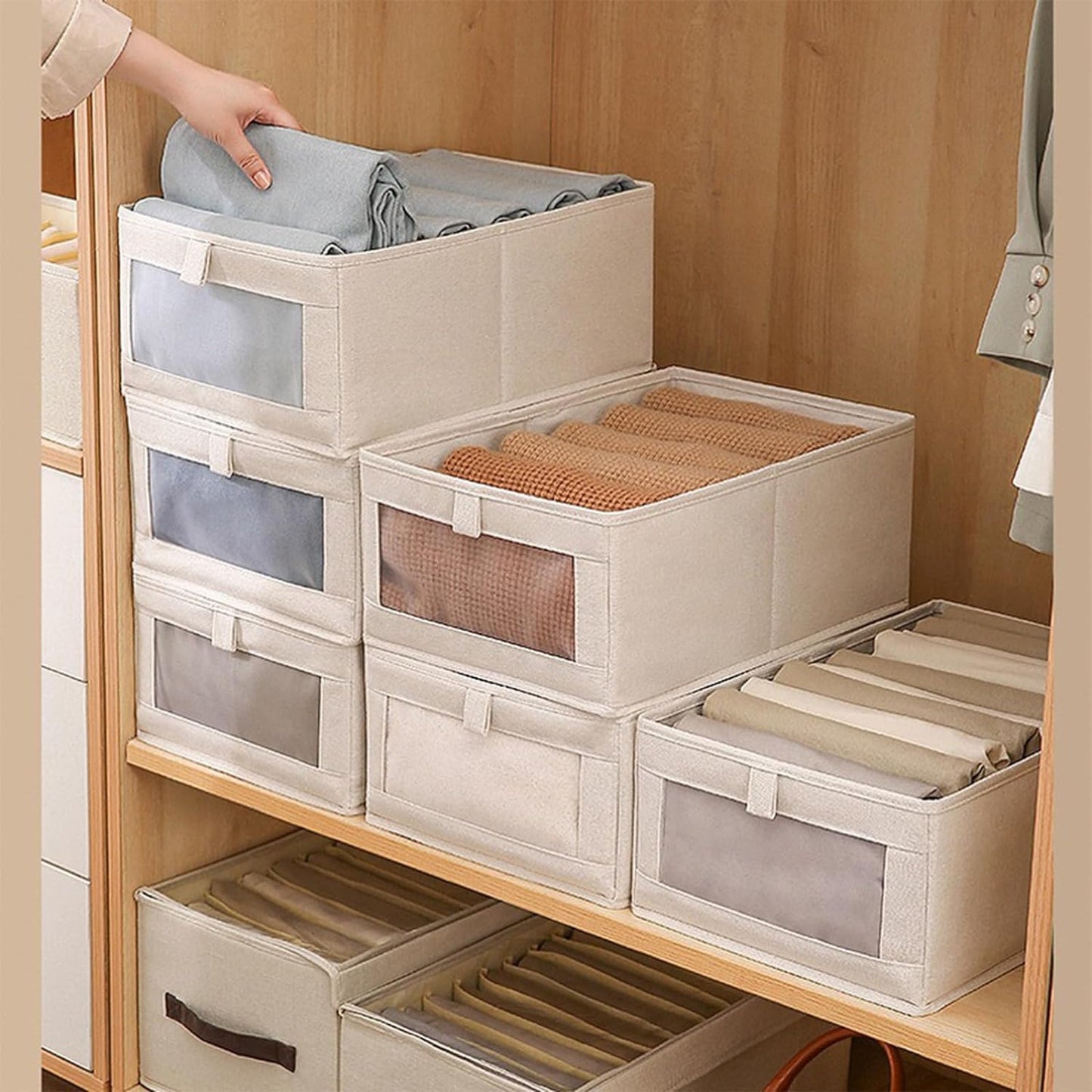 Linen Wardrobe Organizer Storage Box with Clear Window