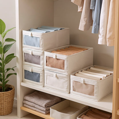 Linen Wardrobe Organizer Storage Box with Clear Window