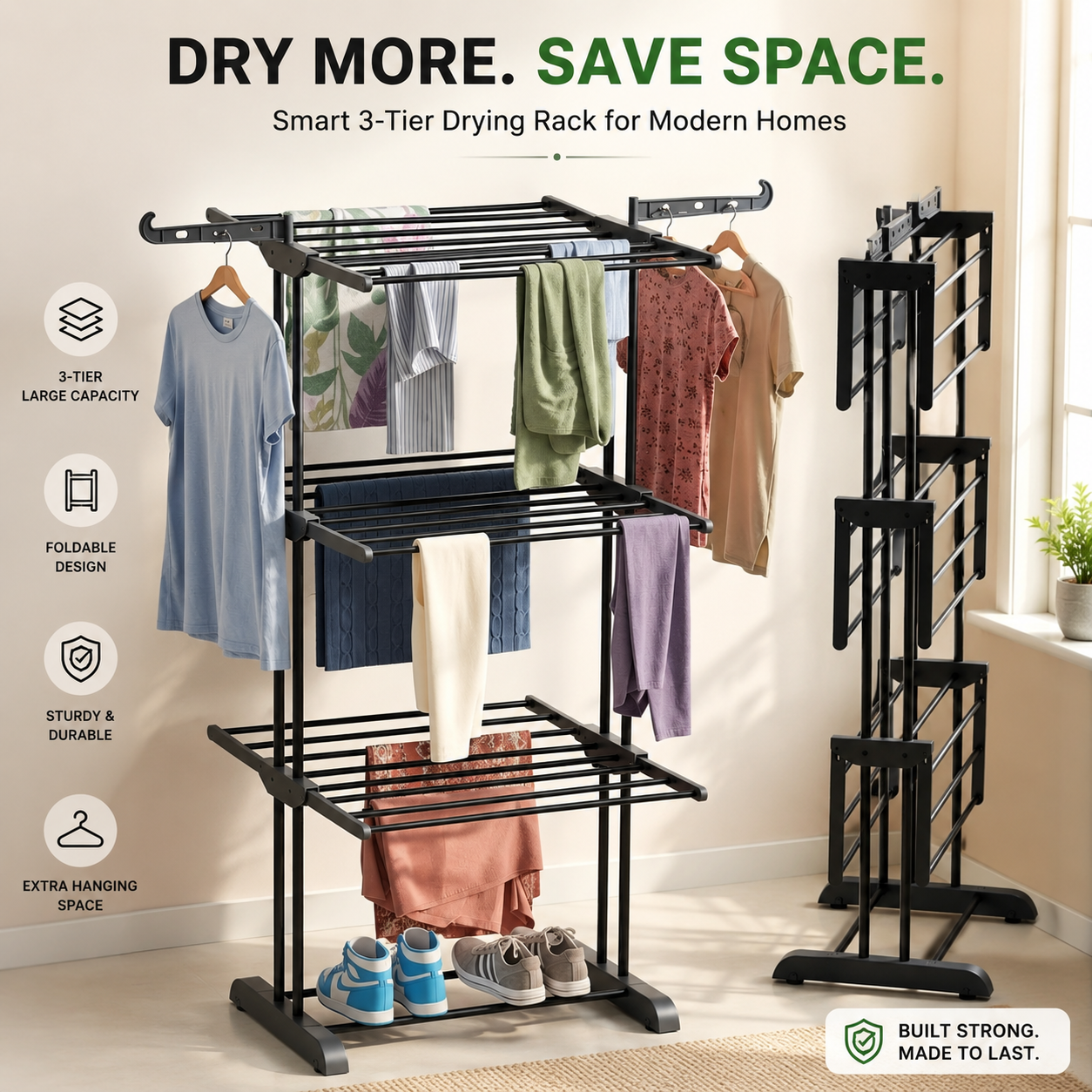 Premium Stainless Steel FoldDry 3-Tier Clothes Drying Rack